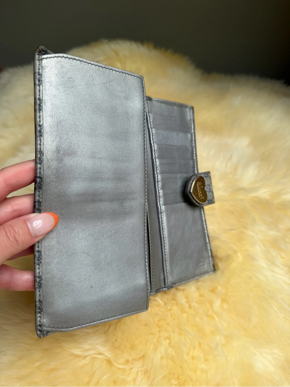 Gucci Grey Monogram Stamped Leather Fold Wallet w/ Gold Heart Emblem Zip Coin ❤️